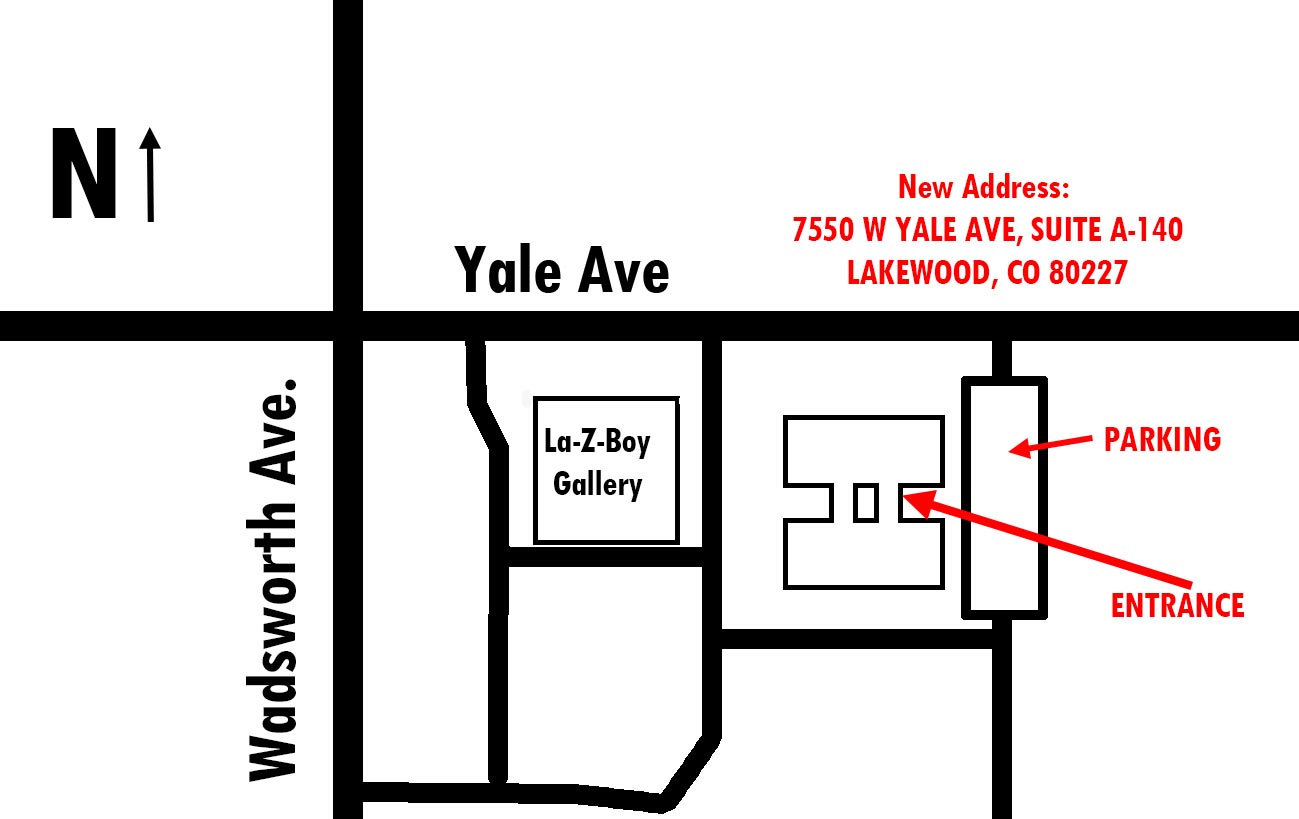 Parking and entrance map for Expert Physical Therapy at 7550 W Yale Ave, Suite A-140, Lakewood, CO 80227